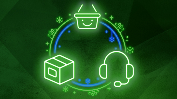 Neon-style illustration featuring a smiling shopping basket and a customer support headset icon. Small snowflakes, stars and gift icons surround the design