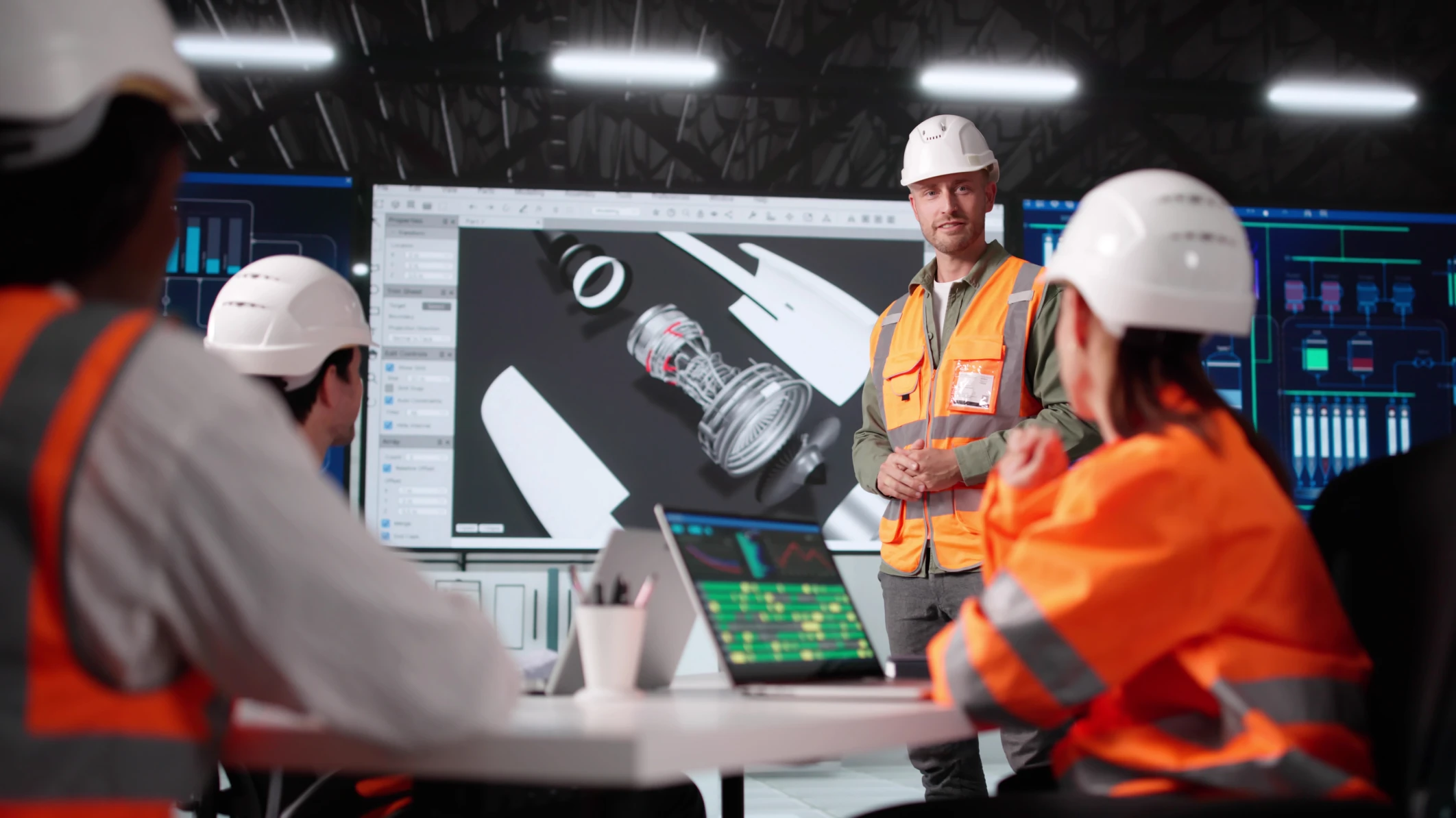 Aerospace engineer in hard hat and orange vest stands before a blown-up image of an aircraft part. He is presenting to three other workers seated at a table.