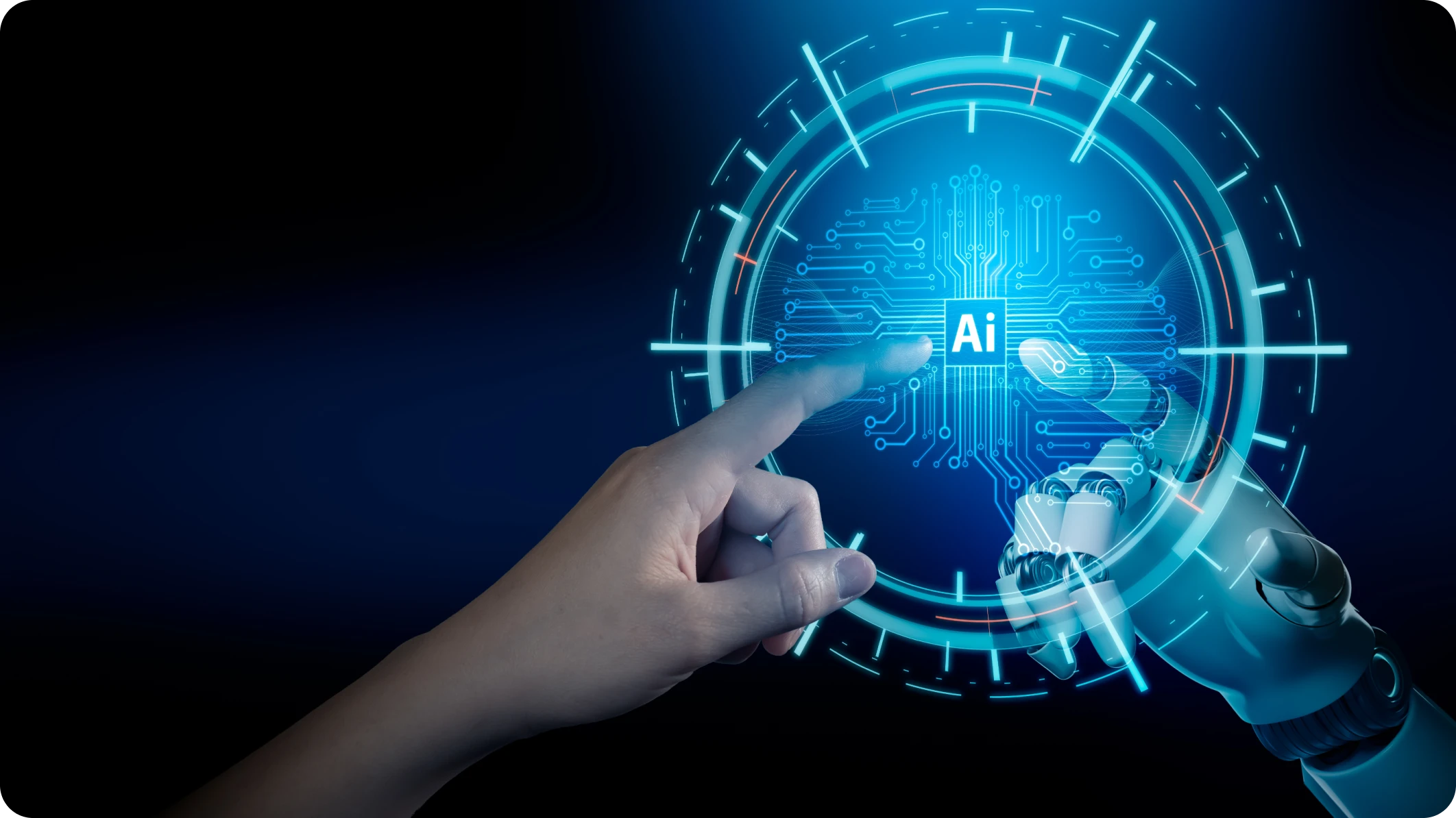 Human finger and robotic finger connect inside a graphic labeled “AI”