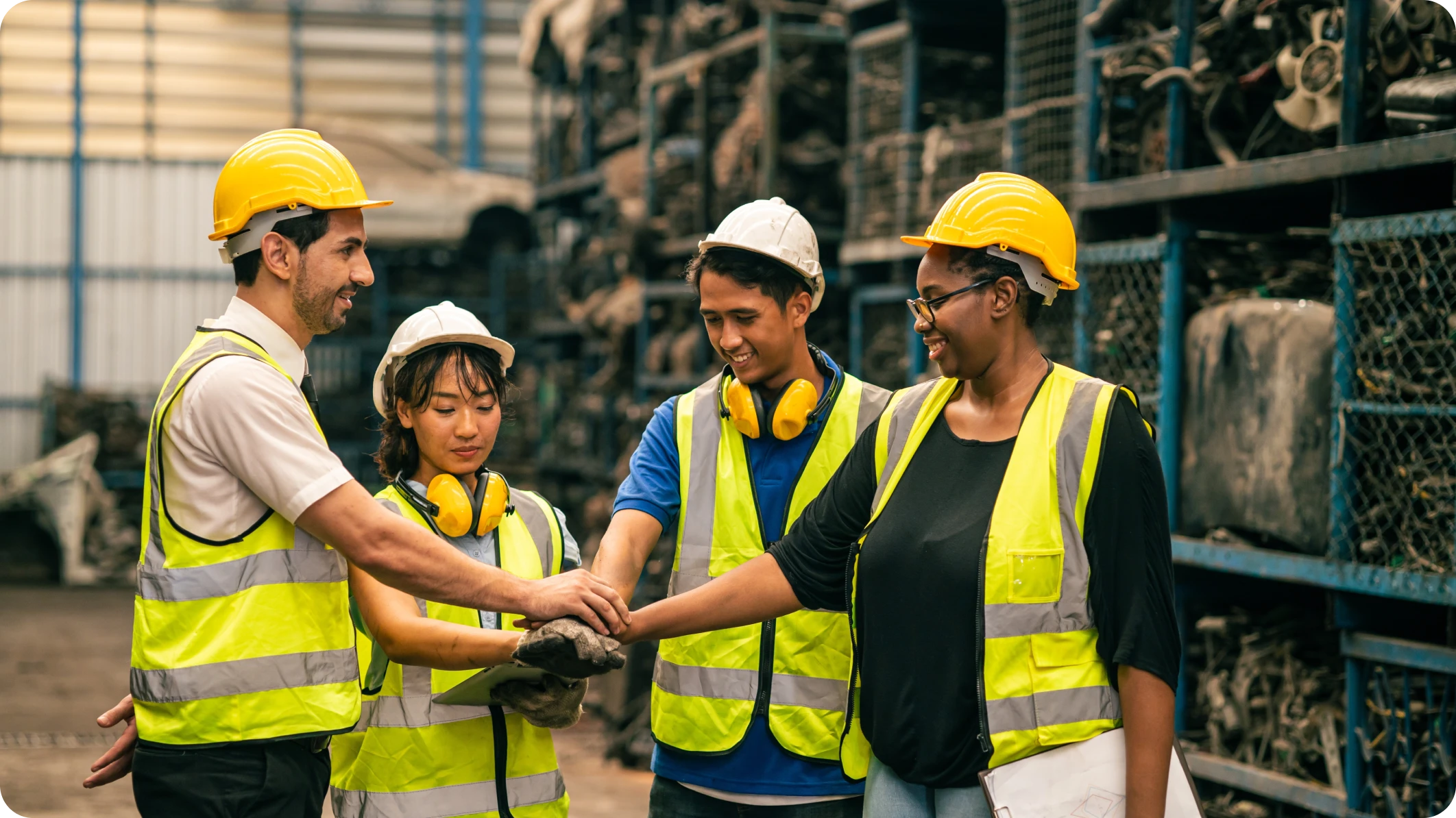Cuatro trabajadores de fábrica con chalecos de seguridad y cascos formando un semicírculo y tomados de las manos, contentos con sus horarios flexibles.