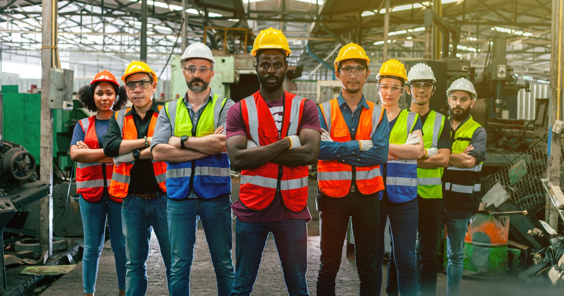 group of factory workers standing together with arms crossed