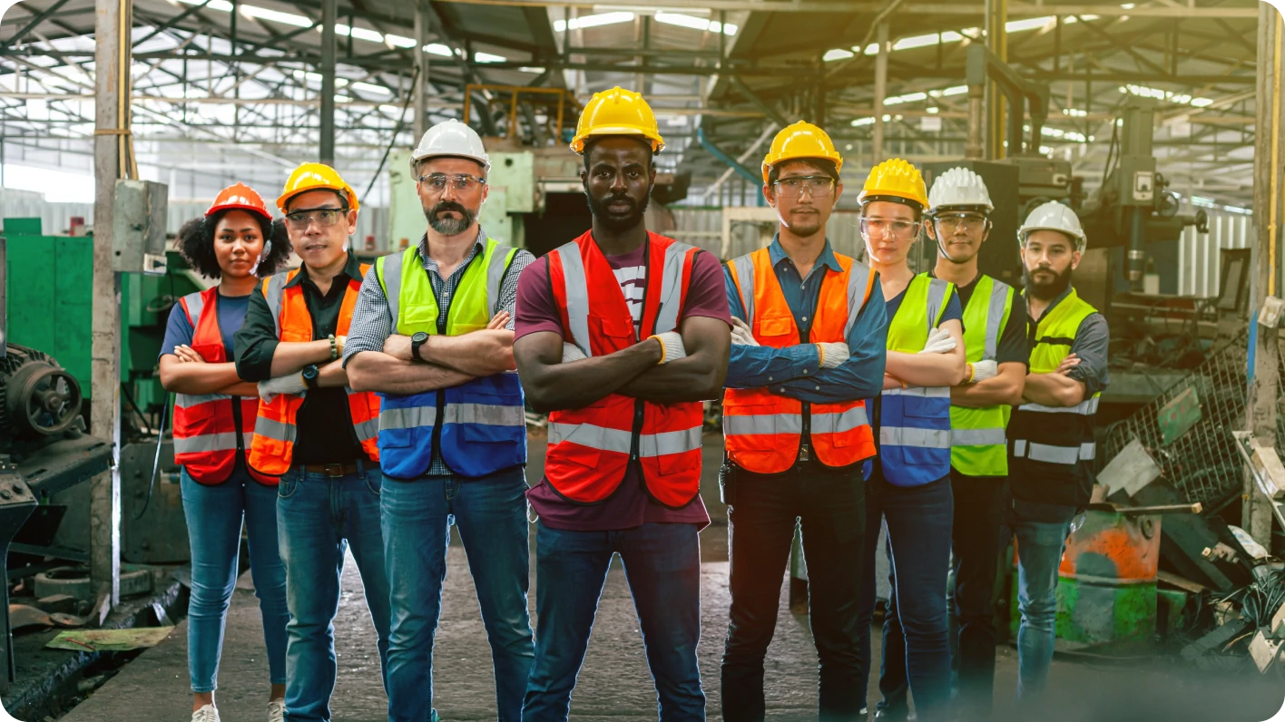 8 trabajadores con chalecos de seguridad, de diversas etnias y géneros, están de pie mirando a la cámara en un entorno de fábrica.