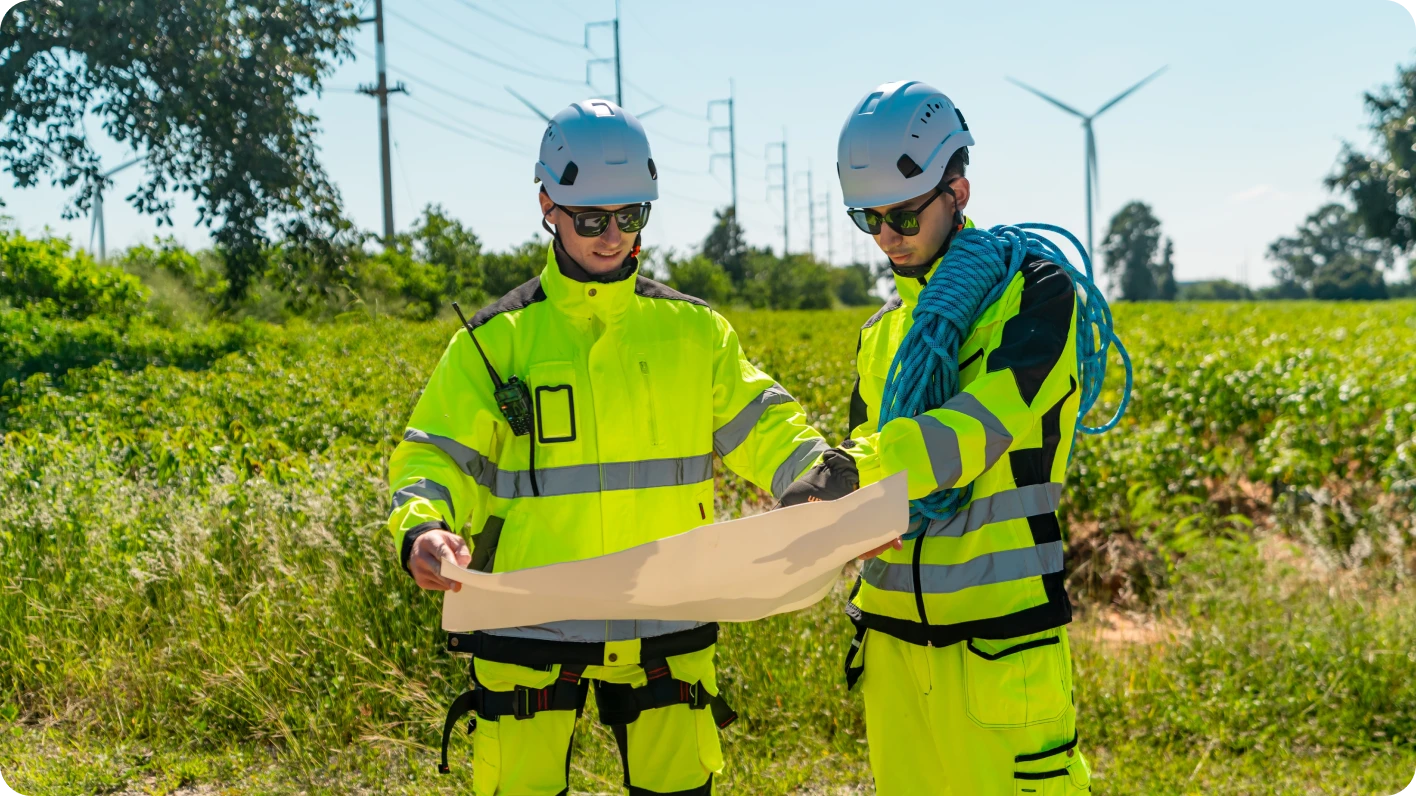 Two people on a construction labor crew dressed in safety gear, standing in an open field and surveying a plan.