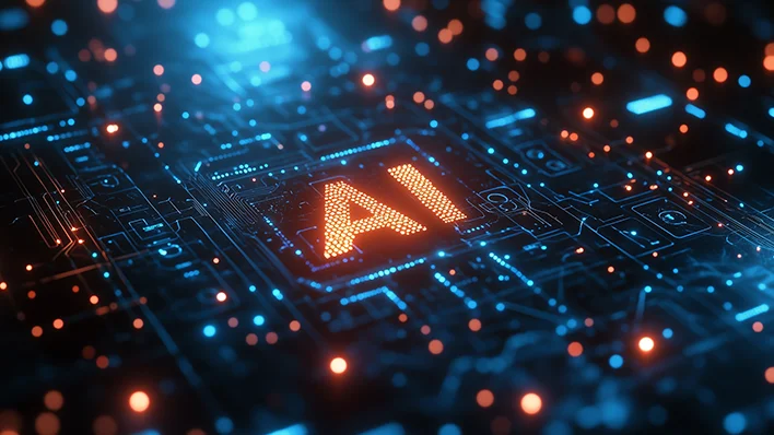 AI technology glowing on a circuit board, symbolizing innovation and the future of work. 