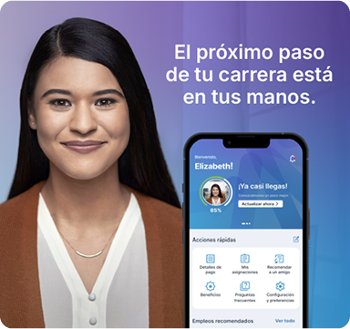 Foto de un candidato junto a la imagen de un smartphone con la aplicación My Manpower y la frase "El próximo paso de tu carrera está en tus manos."